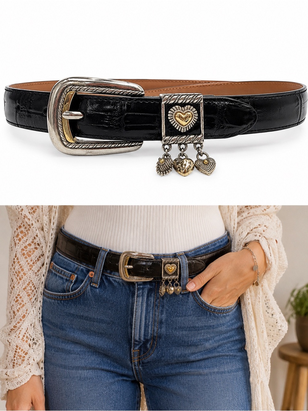 Brighton Black Leather Belt w Silver Buckle and Mixed Metal Heart Charms Size 28 - Picture 2 of 7